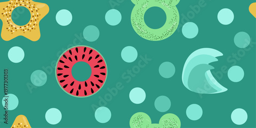 Seamless summer pattern with inflatable donut rings, star shaped floats, abstract elements and dots on bright background. Playful design for textile, kids products and packaging.