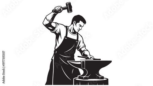 Blacksmith man working at anvil with hammer and tongs in a stylized black and white illustration. featuring forging, metalwork, craft with