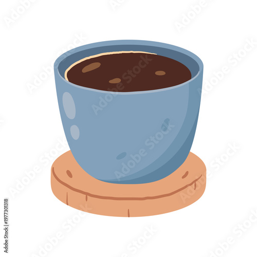 Cup of coffee on a coaster. Hand drawn vector illustration for cafe menus, packaging.