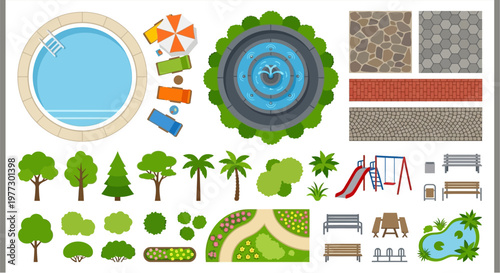 Aerial view of various park and garden elements on white background