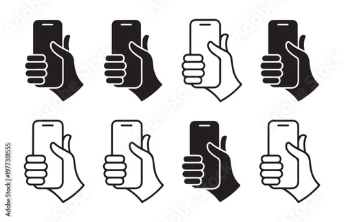 Set of human hands holding smartphones in various positions, black and white vector icons on white background.