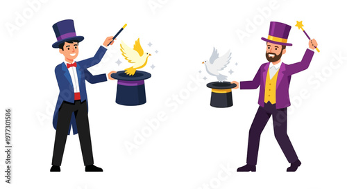 Two magicians performing a classic dove from hat illusion with wands
