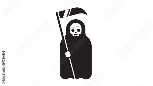 Foto Grim Reaper icon with a scythe and a skull face, representing death and Halloween themes in black and white