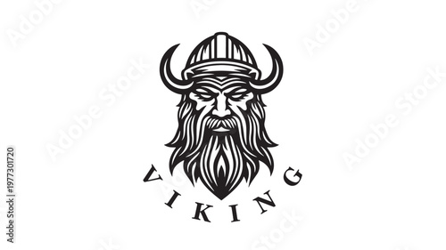 Viking warrior head icon with a helmet and beard, designed in black and white for a powerful emblem and logo.