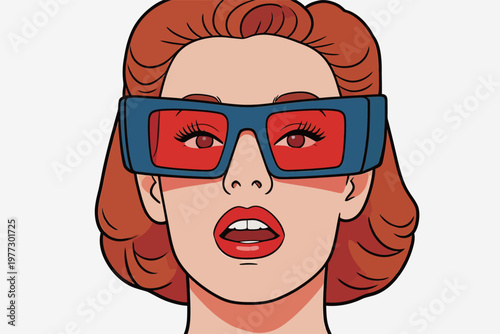 Woman with Red Hair Wearing 3D Glasses Illustration