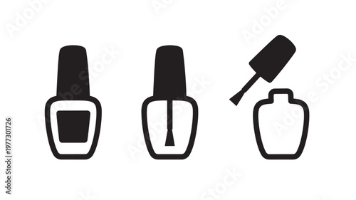 Nail polish bottles and brush set with simplistic black outlines on a white background for beauty and cosmetic concepts.