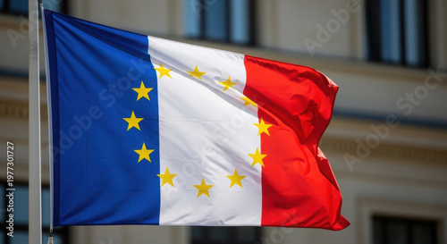 Flag of France waving with European Union stars in sunlight  