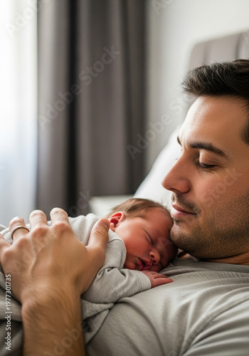 New father holding sleeping baby on his chest in cozy indoor setting  