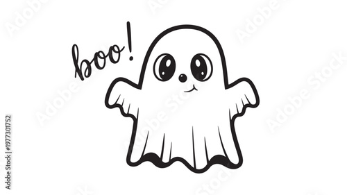 Ghost cartoon character with big eyes and a friendly smile, saying boo!, isolated on a white background.