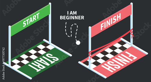 Start and Finish line banners, beginner career path concept, racing track vector icons