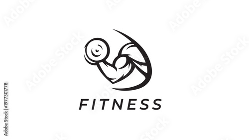 Biceps muscle holding a dumbbell with the word FITNESS below in bold black font, symbolizing strength and athletic achievement.