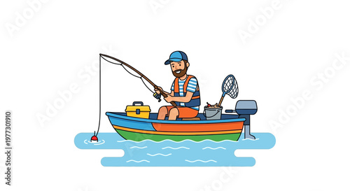 A bearded man enjoys a calm day of fishing from his small boat