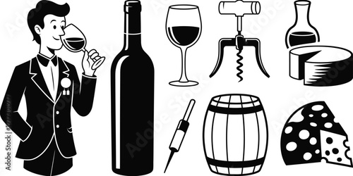 Vintage line art sommelier tasting red wine close up with glass medal bottle decanter barrel corkscrew and cheese composition.