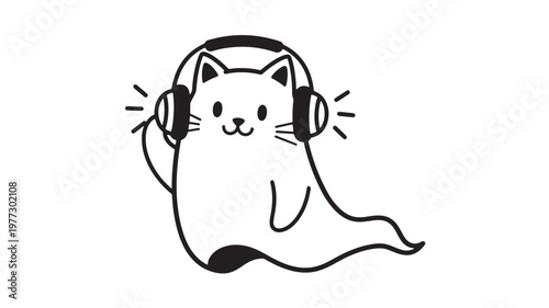Ghost cat wearing headphones and listening to music with sound waves emanating from the ears, presented in a simple, cute doodle style.