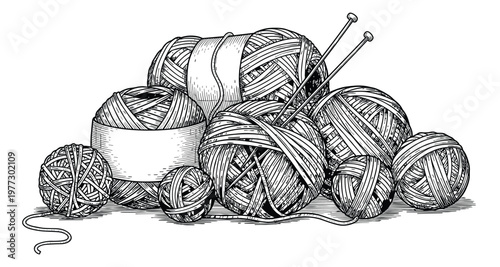 Knitting yarn balls vector illustration with needles for craft hobby projects design.
