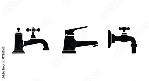 Four distinct faucet designs presented as a striking black silhouette