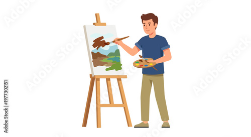 Young artist painting a landscape on a canvas with an easel