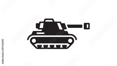 Tank military vehicle icon with black silhouette and white background, representing armored warfare and defense power.