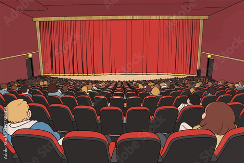 Theater Audience with Red Curtain and Seats