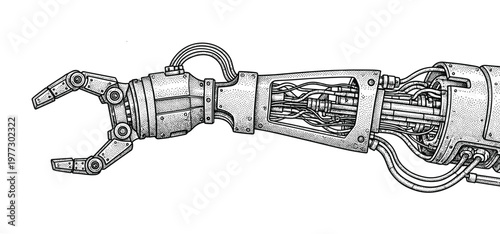 Industrial robotic arm vector illustration with detailed wires and mechanical parts.