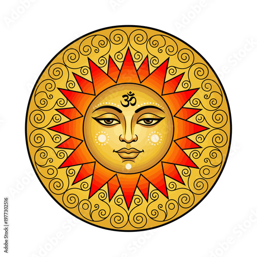 Hindu Sun God Surya with Om Symbol, Ornate Spiritual Mandala Design, Traditional Indian Decorative Art, Golden Circular Motif for Sinhala and Tamil New Year