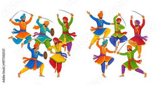 Bhangra dancers in vibrant traditional attire performing a folk dance
