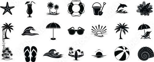 Title black silhouette summer icons beach essentials and tropical paradise elements description a collection of black silhouette icons representing summer beach life