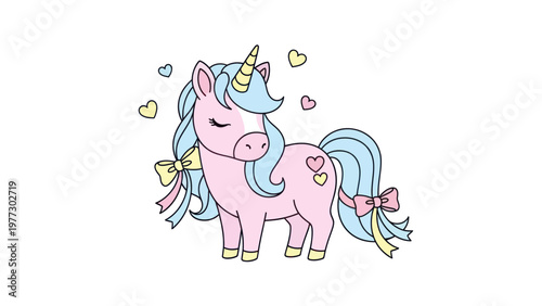 Cute Pink Unicorn with Blue Mane and Tail Decorated with Bows and Hearts.