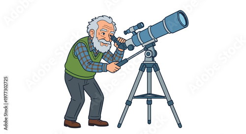 An elderly man peers through a telescope observing the distant sky