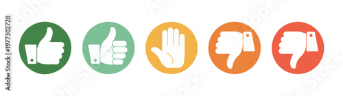 Thumbs up, hold hand and thumbs down icons in colored circles, positive neutral negative feedback.