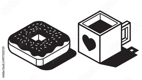 Doughnut with sprinkles and a square cup of coffee with a heart icon, presented in isometric perspective with bold black outlines.