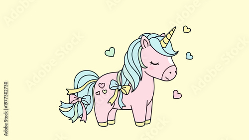Cute Pink Unicorn with Blue Mane and Tail Surrounded by Hearts.