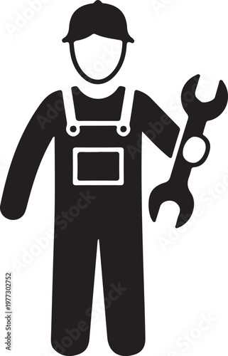 Mechanic icon holding a wrench, professional technician silhouette isolated on white background