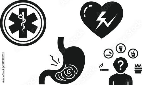 Internal Organ Health Issues and Unhealthy Lifestyle Warning Icons