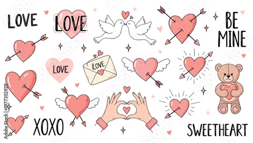 Cute Valentines Day illustrations with hearts and love symbols.