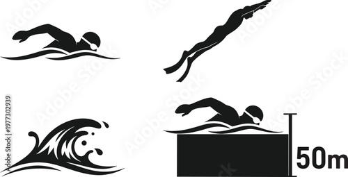 Professional Swimming Icons and Athletes Silhouette Set