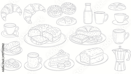 Delicious Assortment of Breakfast Pastries and Beverages Sketch.