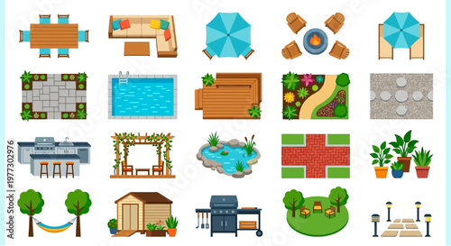 Assorted outdoor furniture and landscape elements in a top down view