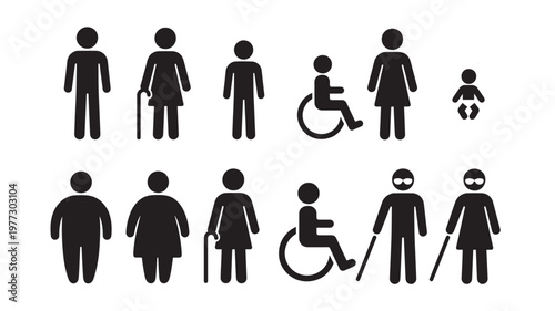 Human silhouette icons representing diverse individuals including adults, children, elderly, disabled, and visually impaired people.