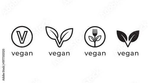 Vegan symbols and icons in black outline and filled styles with accompanying text. featuring vegetarian, plant based, food with label and icon
