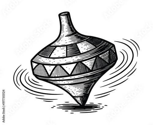 Spinning top toy vector engraving style illustration with motion blur lines art.