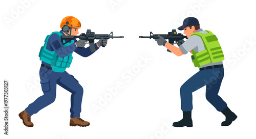 Two soldiers in tactical gear aiming rifles at each other