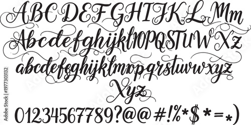 Elegant cursive calligraphy alphabet and special characters font display