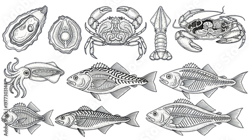 Detailed Hand-Drawn Collection of Various Seafood and Fish Skeletons.