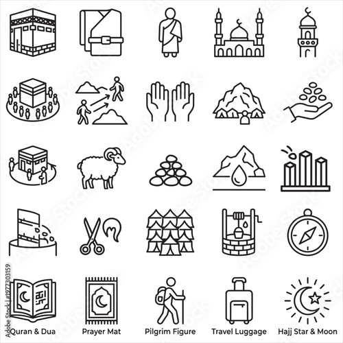 Hajj and Umrah Islamic Pilgrimage Vector Collection Kaaba Mosque Ihram Travel Symbols  Line Icons Set,