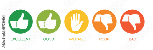 Customer satisfaction feedback icons excellent good average poor bad with thumbs up down and hand gestures for rating services.