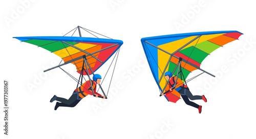 Two colorful hang gliders with pilots in flight side views shown