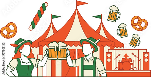 Oktoberfest celebration with traditional Bavarian attire, beer mugs, pretzels, and a stage with musical instruments under a circus-style tent