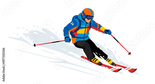 A colorful illustration of a skier in action on a snowy slope