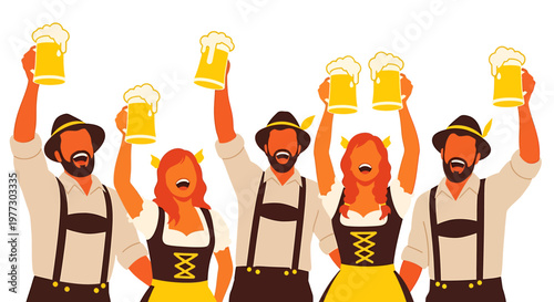 Enthusiastic group of men and women in traditional Bavarian outfits celebrating a lively beer festival, raising their steins in a joyful toast, embodying camaraderie and festive spirit